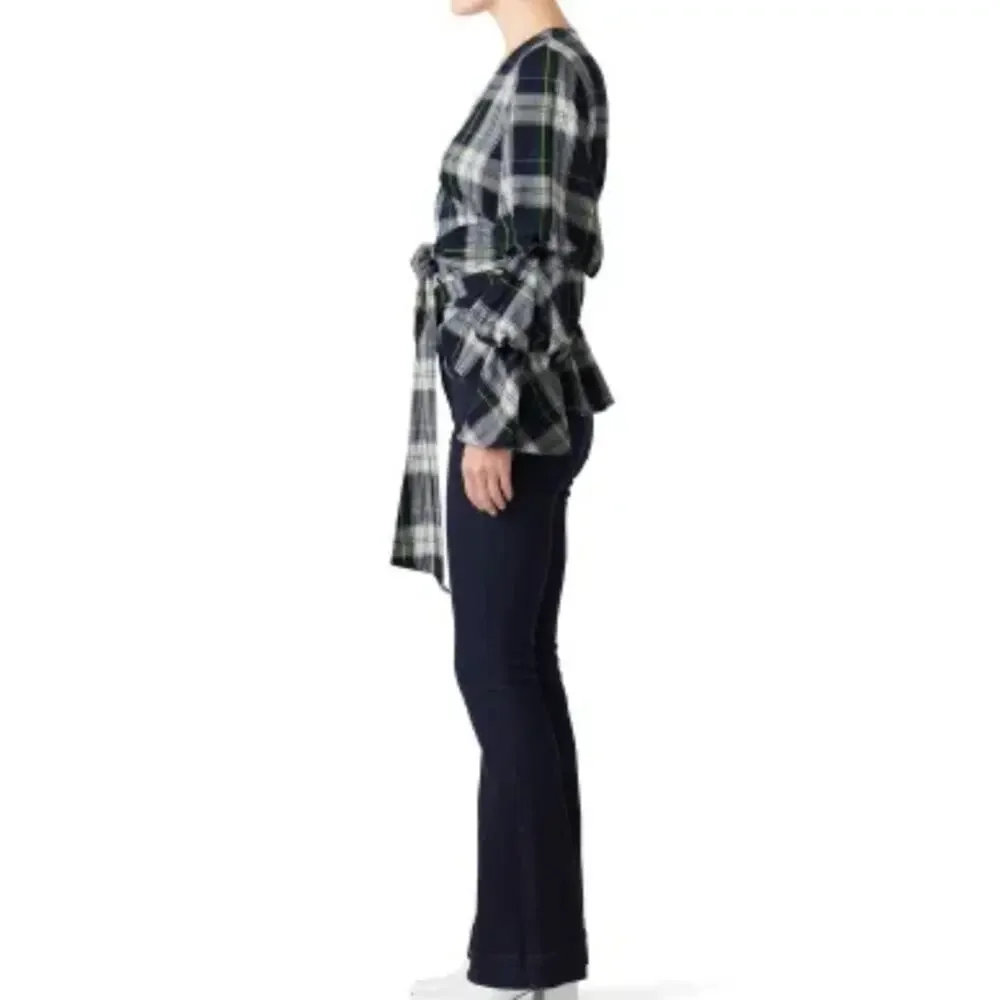 Petersyn Plaid Dexter Top Sz M navy green white puff sleeve